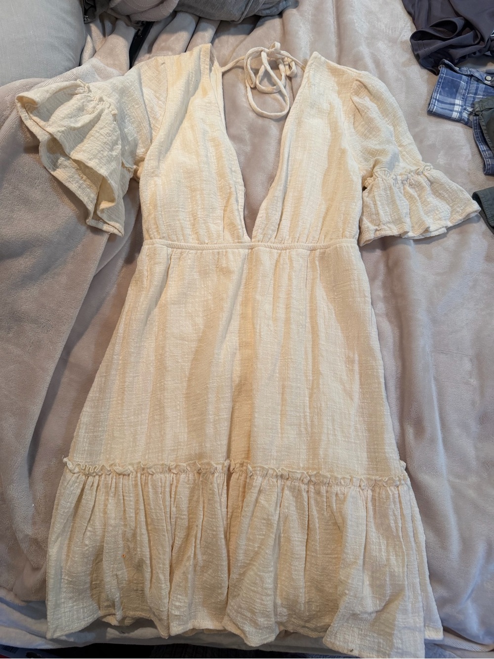 FAVLUX Cream Deep V-Neck Tiered Mini Dress